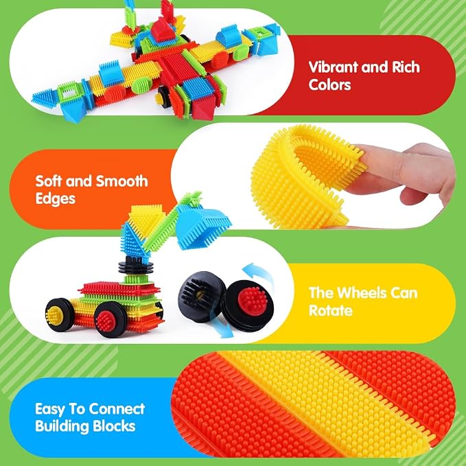 teytoy 200Pcs Building Blocks Toys,Bristle Shape Building Blocks Set | STEM Interlocking Construction Learning Toys Pretend Play for Kids Ages 3+