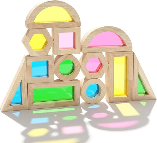 WOODENFUN Wooden Building Blocks Set for Kids, 12 Pcs Rainbow Stacker Game | Stacking Construction Toys Set Preschool Colorful Learning Educational Toys, Geometry Blocks for Boys Girls Birthday Gift