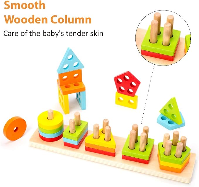 Wood City Wooden Montessori Toys for 1 2 3 Year Old Boys Girls Toddlers, Sorting & Stacking Toys for Toddlers and Kids Preschool, Educational Color Recognition Shape Sorter, Learning Puzzles Gift