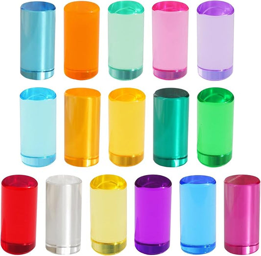 Rainbow Acrylic Blocks, 16 Stackable Cylinders for Kids Ages 3+ | 16 acrylic color blocks, 2 x 1 in, stackable, ages 3+, white paper box for gift wrap, preschool and light table use