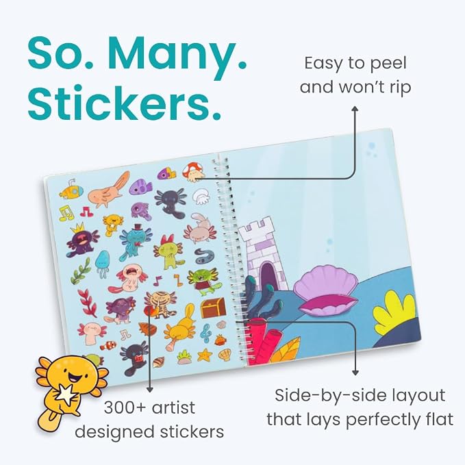 Axolotl 300+ Kids Sticker Book by Cupkin Toddler Airplane Travel Coloring and Sticker Book, Road Trip Essentials, 8 Coloring Pages 8 Side by Side Scenes for Ages 2–8 Years