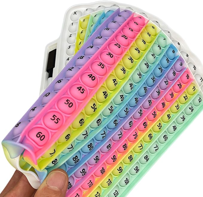e4 Pop Multiplication Table Game Learning Toy Educational Math Game with Marker, Rainbow Colors Math Multiplication pop 12x12 boardmultiplication Flash Cards 3rd Grade Addition Stress Toy