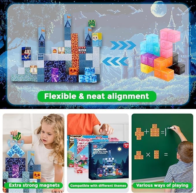 Magnetic Building Blocks Magnetic Building Tiles Toys for Boys Girls Age 3+, Creative Plastic MagnetSquare Gift for Kids Blue Castle 100pcs