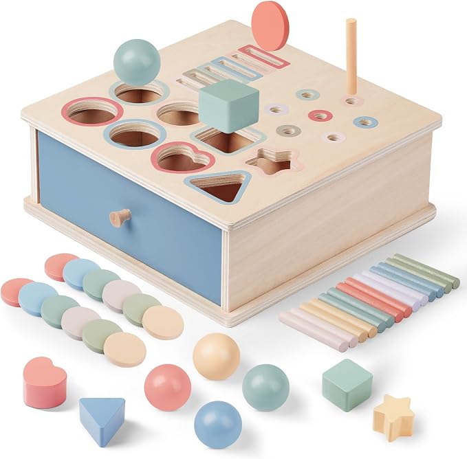 Pajojoqa Montessori Toys for 3 4 5 Color Sorting - Wooden Object Permanence Box with Drawer Sensory Toys Shape Sorter Education for Boy Girl Drop Busy Box 4 in 1