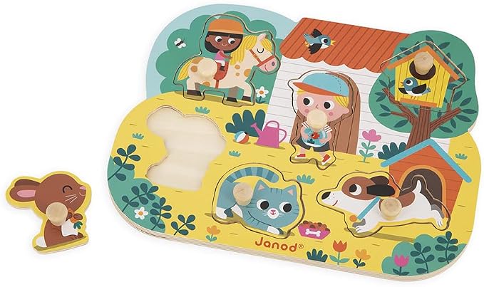 Janod - Babies’ Wooden Puzzle - 6 Pieces with Pegs - Countryside Theme - Recessed Puzzle - Early-Learning Toy - 18 Months + J07107 | Early-Learning Educational Toy - Recessed Board with Pegs - Develops Fine Motor Skills - Toddlers 18 Months and Up