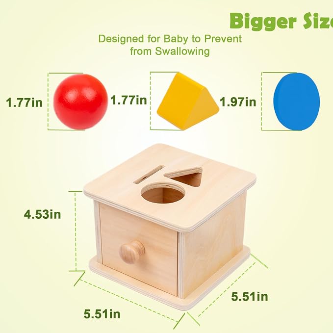 Adena Montessori Wooden Coin Box with Drawer Object Permanence 6-12 Months | Red ball, yellow triangle, blue disc. Smooth wood, no burrs. Open-close-insert for color-shape sorting. Gift.
