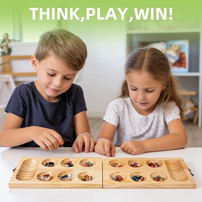 Mancala Board Game for Kids & Adult Wooden Board with Colorful Stones 2-Player Strategy & Educational Toy Party Toys | Parent-Child Time