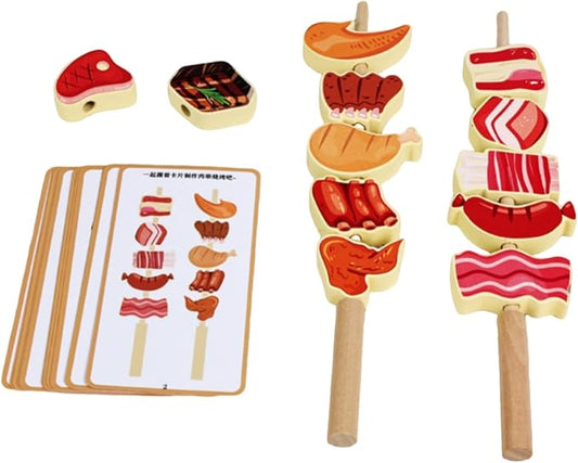 Amagogo Children Cognitive Game Fruit Lacing Beads Threading Toy Stacking Blocks Matching Cards Wooden Educational Set for Fine Motor Skills and Logical, BBQ Meat Skewers