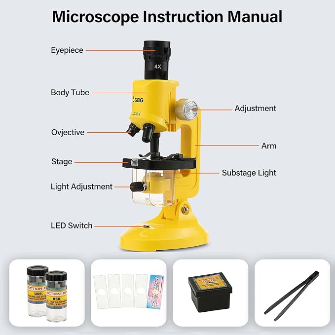 Little World Kids Microscope with LED Light - 100X/400X/1200X Magnification | Beginner science kit, monocular view, educational STEM gift for ages 5-12, Yellow