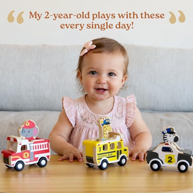 Little Acorn, Wooden Pull Back Cars with Mix & Match Characters | Montessori Toys for 1 & 2 Year Old | Car Toys for Toddlers 1-3 | Baby Toys 6-12 Months | Birthday Gifts for Boys Girls