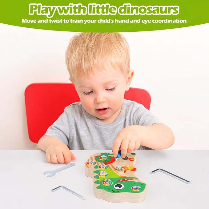 Montessori Dinosaur Screw Board, 8 Screws, Fine Motor Toy for Kids Ages 3+ | Matching 4 tools to different screw-head styles for repeat remove-and-replace play