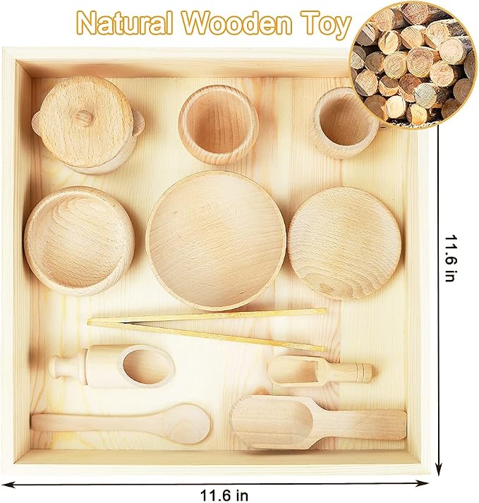Montessori Sensory Bin Tools: 1 Wooden Box + 11 Sensory Tools for Toddlers & Preschool Children - Fine Motor Learning Pretend Play
