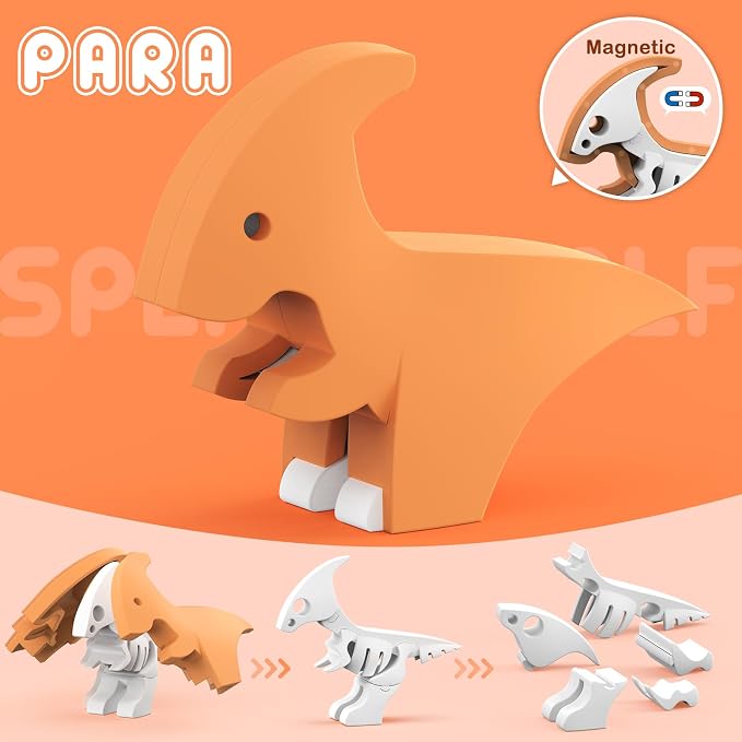 Magnetic Animal Building Toys, STEM Toddler Learning Toys 3D Puzzle Animals for Boys Girls, Educational Magnetic Travel Montessori Toy Lion Elephant, Unique Birthday Gift (Dinosaur Animals, Count, 4)