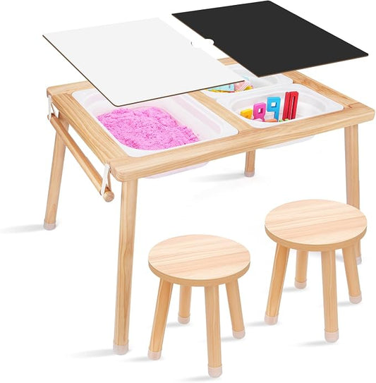 Toddler Sensory Table and Chair Set, Kids Sensory Bin Tables with Paper Roll Stick & Double-Side Board,Toddler Play Table with 3 Storage Bin, Indoor Outdoor Boys Gilrs