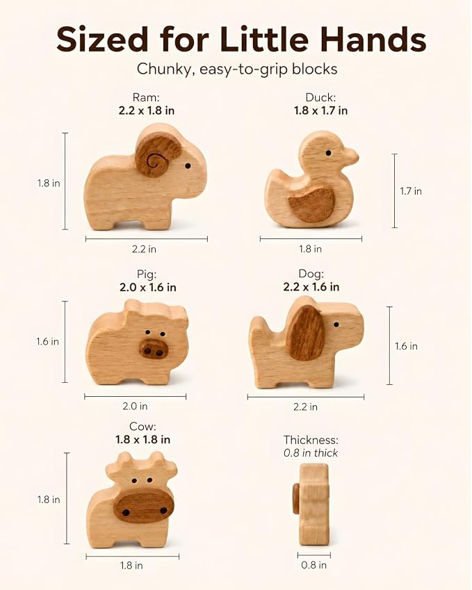 5-Piece Wooden Farm Animal Blocks for Toddlers 1-3 | Solid Beech & Sapele, Montessori Stacking Toys, 2cm Thick Choke-Safe, Birthday Gifts