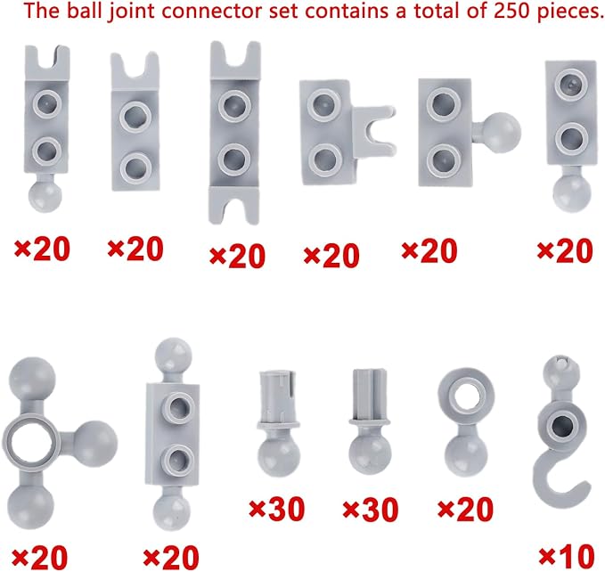 Plate 1x2 Ball Joints Socket - 250pcs Connector Classic Briks Bulk Parts and Pieces Sets, Towball Pins Building Blcok Accessories Light Gray