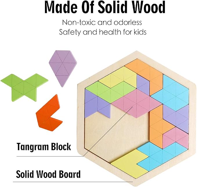 Wooden Hexagon Tangram Puzzle, STEM Educational Brain Teaser for All Ages | Montessori Educational Toy, Geometric Shape Blocks, Logic IQ Game, Ideal Gift for Kids Teens Adults
