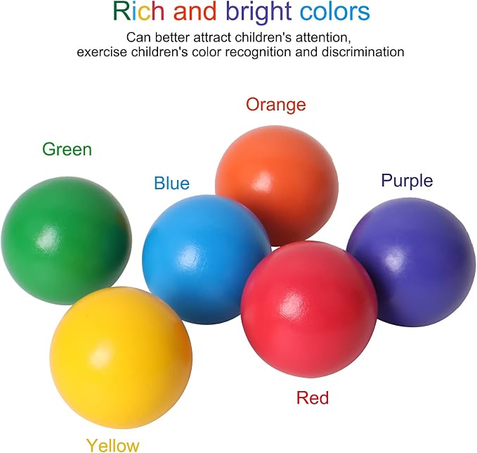 Wooden Rainbow Balls, 6 PCS Colorful Wooden Ball Toys for Toddler & Baby Grasping, Rainbow Ball Matching with Rainbow Stacker
