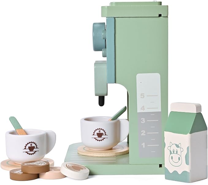 Green Coffee Maker Toddler Pretend Play Kitchen Accessories | Kids Wooden Toys Espresso Machine Playset Montessori Kitchen Toy Gift for Girls and Boys