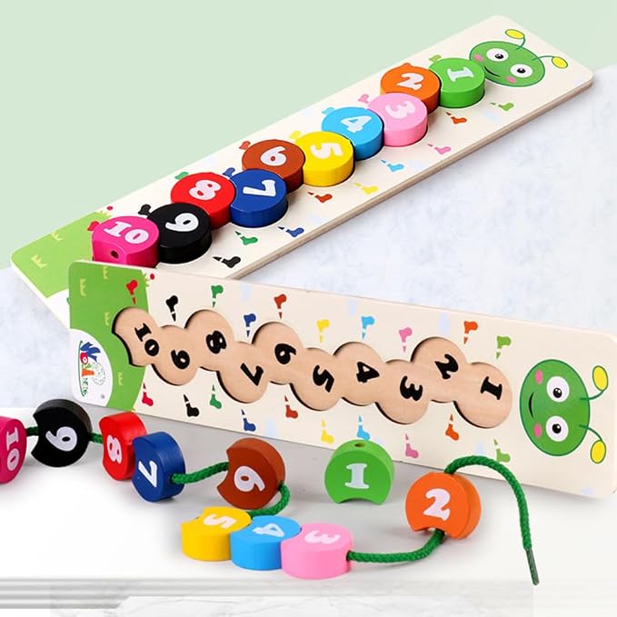 Montessori Caterpillar Number Beads, Wooden Threading Toy for Fine Motor Skills