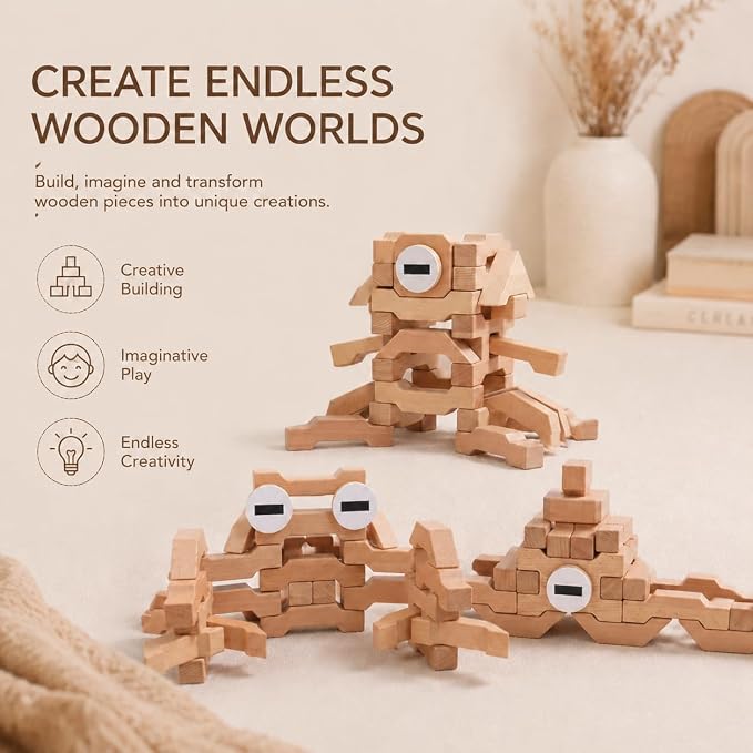 Montessori Wooden Building Blocks for Kids 3-8, Extra Large 4.4" Beech Wood Stacking Blocks, 31 PCS Open-Ended Learning Toy, Natural Wooden Shape Blocks for Creative Building, Quiet Play