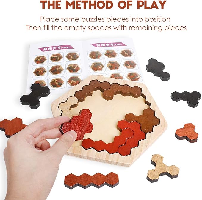 Wooden Hexagon Montessori Tangram Puzzle, STEM Brain Teaser for All Ages | Colorful Geometric Shapes, Montessori Learning Toy, Logic IQ Game, Educational Gift for Kids Teens Adults