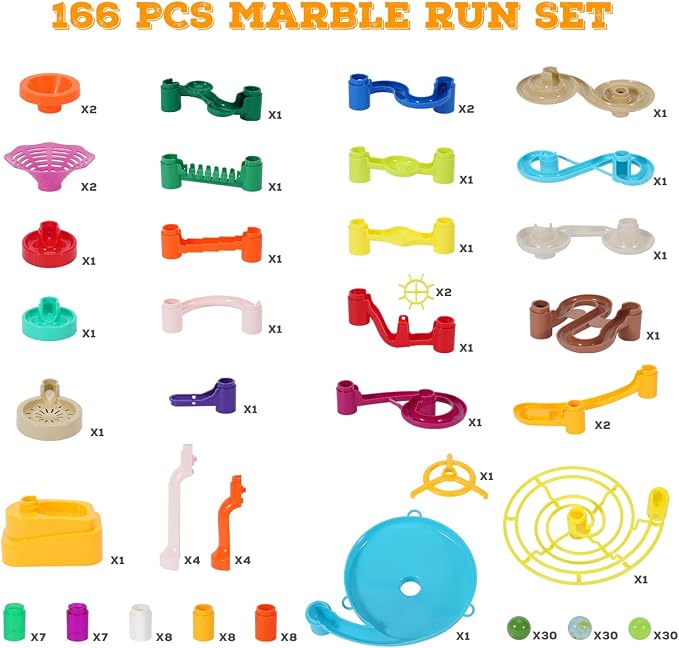 MaxTronic Marble Run Kit, 166Pcs Marble Maze Building Block Toys for Kids, STEM Learning Toys Marble Track Race Set with 30 Glow in The Dark Glass Marbles Birthday Gift Toys for Boys & Girls Aged 3-12