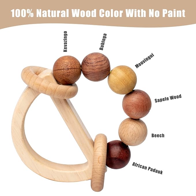 Baby Rattles 0-6 Months, Wooden Toys for Babies 6-12 Months | Montessori Wood Color Baby Rings for Newborn 0 3 6 12 Month, Sensory Development, Toddler Toys