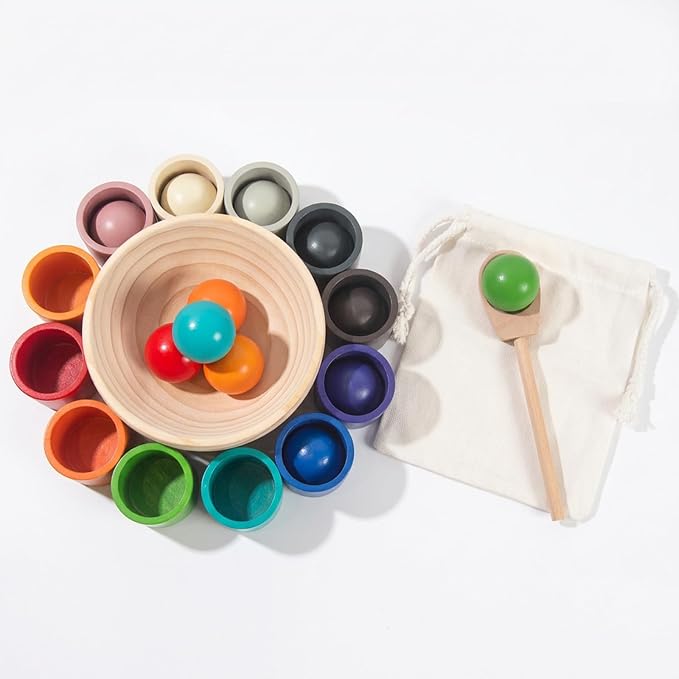 Rainbow Balls in Cups Toddler Montessori Toys for 3 Year Old Up | Kids Preschool Wooden Matching Games for Learning Color Sorting and Counting