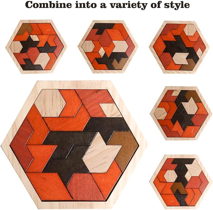 Wooden Hexagon Blocks Puzzle, STEM Brain Teaser Challenge for Kids Adults | Montessori Educational Toy, Geometric Shape Blocks, Logic IQ Game, Ideal Gift for Kids Teens Adults