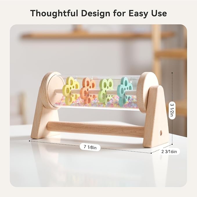 IEATFO Rain Stick Toy with Stand - Sensory Sound Training Tool for Kids, Tummy Time Musical Instrument for Infant Development | Rainmaker with Wooden Base, Clear Tube, Colored Flower Discs and Beads