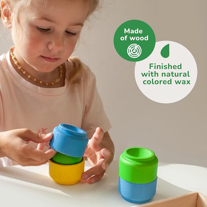 Ulanik Balls in Nests Starter Kit Montessori Toys for 1 Year Old | Open-ended wooden nesting set; 4 primary colors; tray and bag for easy storage
