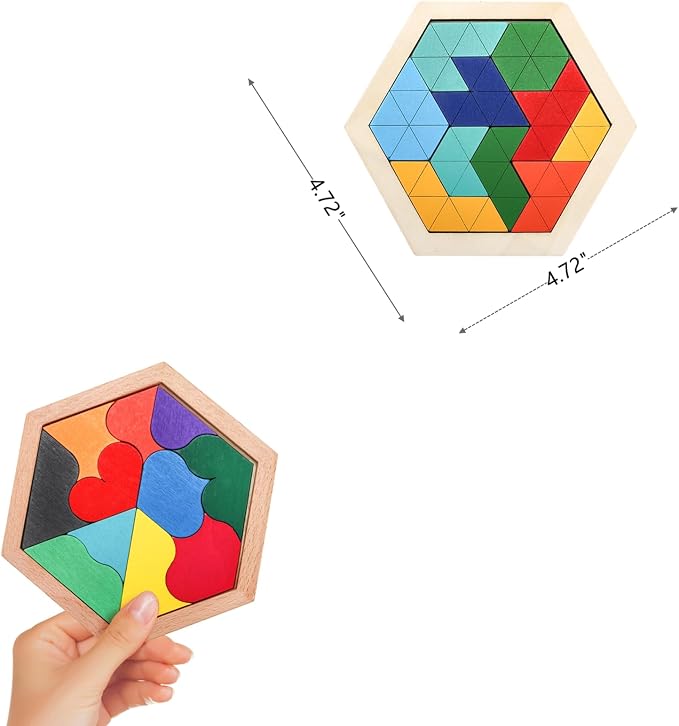 Yopay 6 Pack Wooden Tangrams Puzzles for Kids, 6 Styles Brain Teaser Hexagon Puzzle Block Geometric Shapes Jigsaw 3D Logic IQ Game