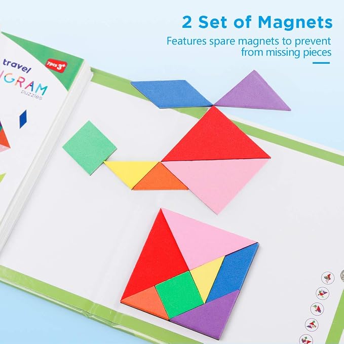 Vanmor Magnetic Tangram Puzzle for Kids – Montessori Quiet Travel Game with 368-Challenge IQ Book, Educational Magnetic Puzzle Toy for Airplanes, Car Rides, and Road Trips (Ages 4–8)
