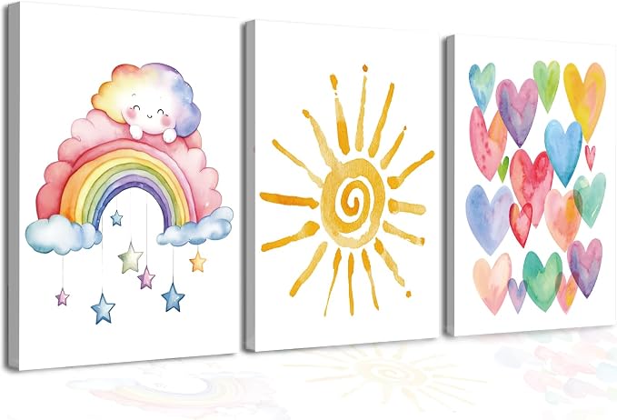 Rainbow Sun Heart Framed Canvas Wall Art,Pink Watercolor Decor 12x16in | Boho Rainbow Nursery Canvas Painting Bedroom Bathroom Classroom Wood Framed