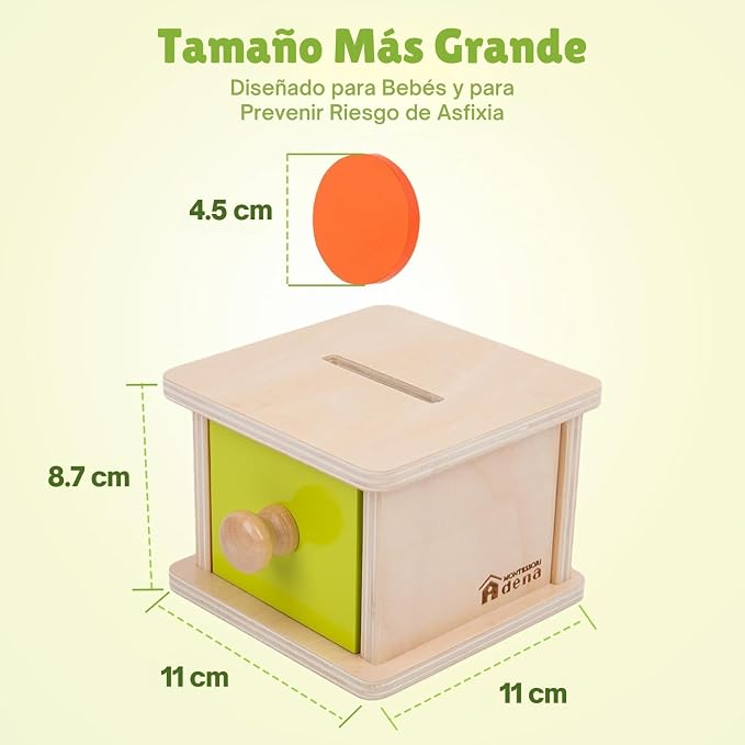 Adena Montessori Coin Box, Yellow-Green Door, 6-12m | 6 wooden coins. Flip-top door & drawer. Teaches object permanence & fine motor. Montessori toy. Gift 6-12m.