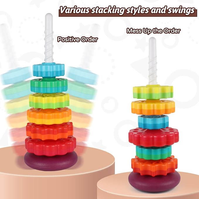 JUXUE Spinning Toy, Rainbow Stacking Toys for Children 1-3, Ring Stacker Toys 12 Months, 1 One Year Old Girl Boy Christmas Birthday Gifts, Montessori Autism Sensory Toy