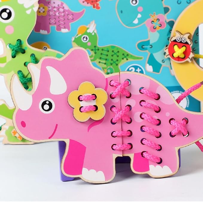 Wooden Dinosaur Threading Toy, Lacing String Beading Game | Montessori Threading Board, Fine Motor Skills Toy