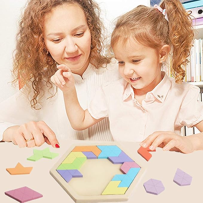 Wooden Hexagon Tangram Puzzle, STEM Educational Brain Teaser for All Ages | Montessori Educational Toy, Geometric Shape Blocks, Logic IQ Game, Ideal Gift for Kids Teens Adults