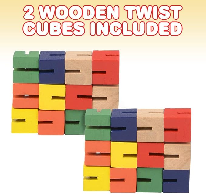 ArtCreativity Wooden Twist Cubes, Pack of 2, Colorful Mind Game, Stretch, Twist, and Lock Brain Teaser Fidget Sensory Toys for Kids, Stocking Stuffer and Party Favors for Boys and Girls