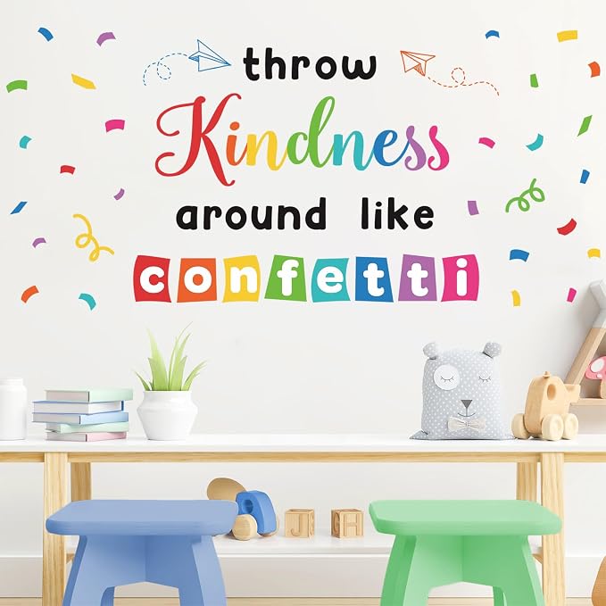 LHIUEM Inspirational Wall Decals Throw Kindness Around Like Confetti Bulletin Board Kits Peel and Stick Wall Decor Welcome Back to School Wall Stickers for Kids Elementary Classroom Kindergarten Sets