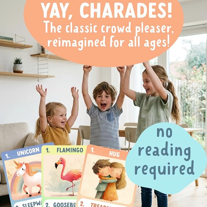 Charades for Kids & Family – Fun Acting Card Game for Family Game Night, No Reading Required & Cooperative Picture Charades Board Game, Ages 4 and Up, Kids Charades Game, for Boys & Girls
