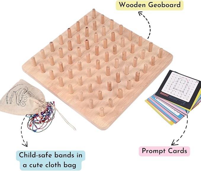Lattooland Wooden Geoboard (8x8 Big Size) with Wooden Pegs | NO Nails | Brain Board Montessori STEM Toy for Kids | 42 Pattern Cards, Bands | Math Geometry Educational Game 3 4 5 6 Year Boys Girls