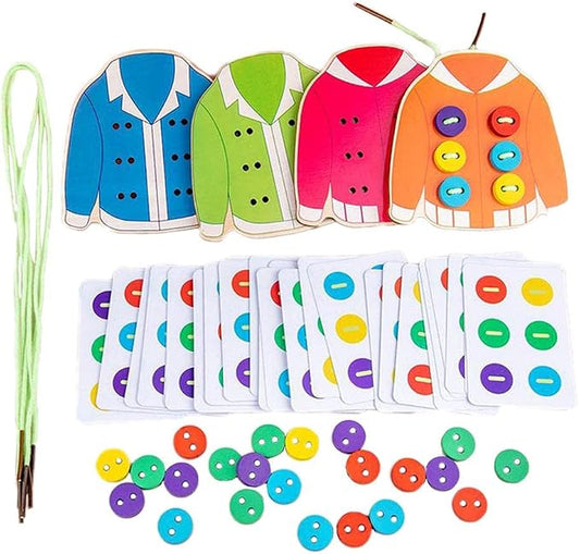 Menolana Kids Wooden Threading Lacing Clothes Sew on Button Game Toys for Age 3-6
