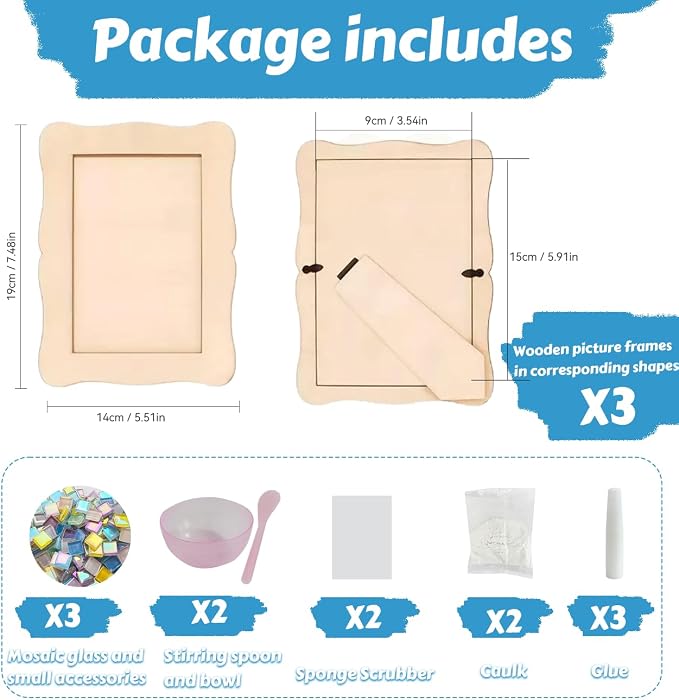 A&H Zier Mosaic Kit 3-Pack 5x7/4x6 DIY Photo Frames Craft for Kids 6+ | Mosaic kit for kids 8-12 3 wooden frames (fit 4x6/5x7) 200+ glass tiles non-toxic glue tools&instructions Fun family activity