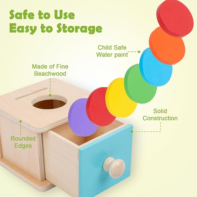 Adena Montessori Blue Wooden Coin Box 2 in 1 Object Permanence Toy 6+ Mo | Includes 6 colorful wood discs and a ball, works as color shape sorter and baby toy storage, smooth burr-free linden wood