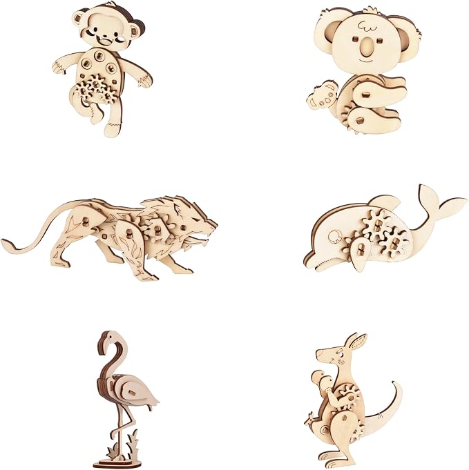 3D Wooden Puzzles for Kids Ages 8+, 6 Pack Animal Puzzles, FSC-Certified Wood, Plastic-Free Toy, STEM Kit for Kids Teens Adults, Wood Craft Model Kit, Individually Wrapped Party Favors - Exotic Frens