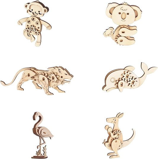 3D Wooden Puzzles for Kids Ages 8+, 6 Pack Animal Puzzles, FSC-Certified Wood, Plastic-Free Toy, STEM Kit for Kids Teens Adults, Wood Craft Model Kit, Individually Wrapped Party Favors - Exotic Frens