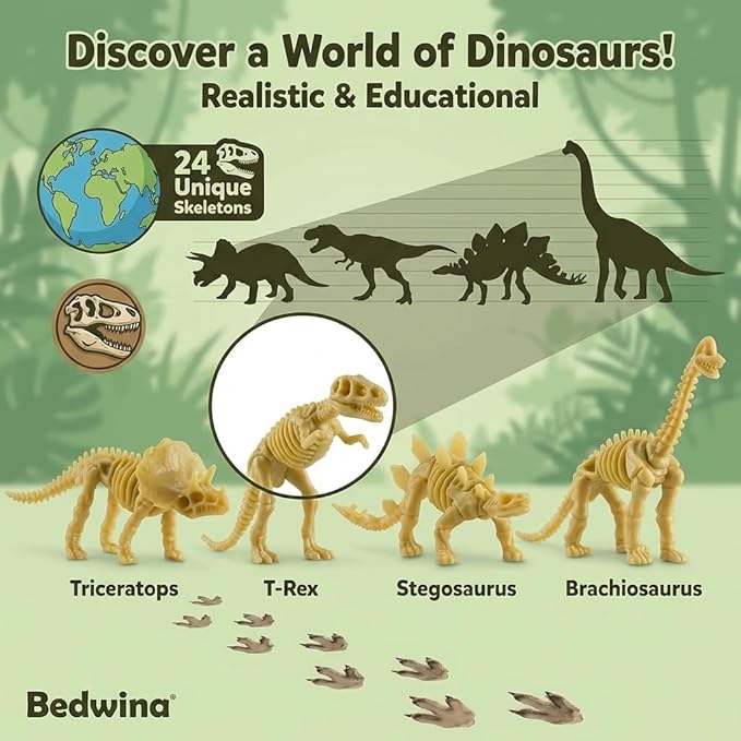 Bedwina Dinosaur Fossil Skeleton - (Pack of 24) 3.7 Inch Assorted Plastic Dino Figure Bones for Kids Science Dig Kit, Digging Sandbox Bins Play Toys, Party Favors, Birthday Decorations