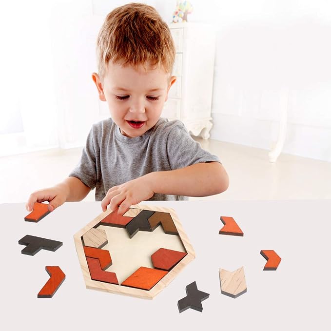 Wooden Hexagon Blocks Puzzle, STEM Brain Teaser Challenge for Kids Adults | Montessori Educational Toy, Geometric Shape Blocks, Logic IQ Game, Ideal Gift for Kids Teens Adults
